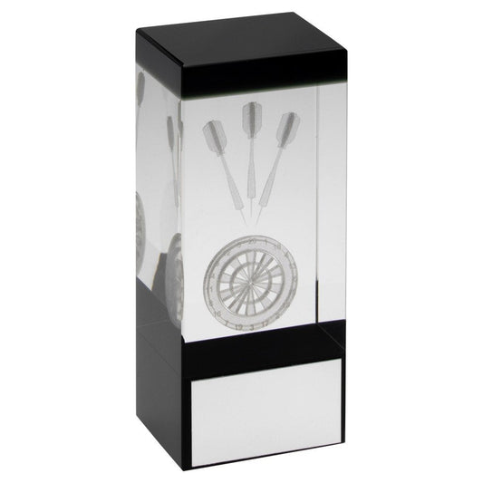 Clear Glass Block Darts Trophy - Lasered Darts and Dartboard - Trophy Award Small