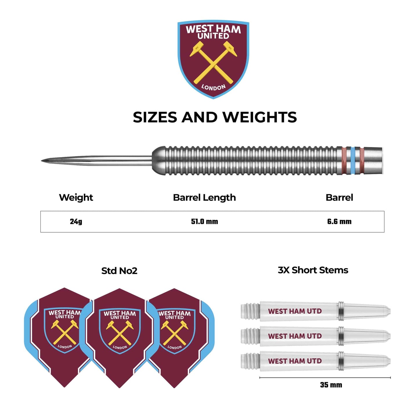 West Ham United FC - Official Licensed - Steel Tip Darts - Tungsten - 24g 24g